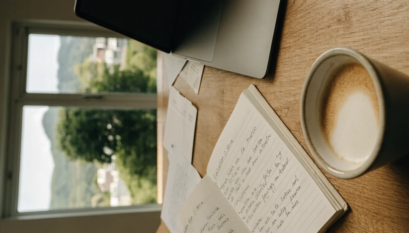 Editorial research workspace in New Zealand with notebook and coffee on a wooden desk