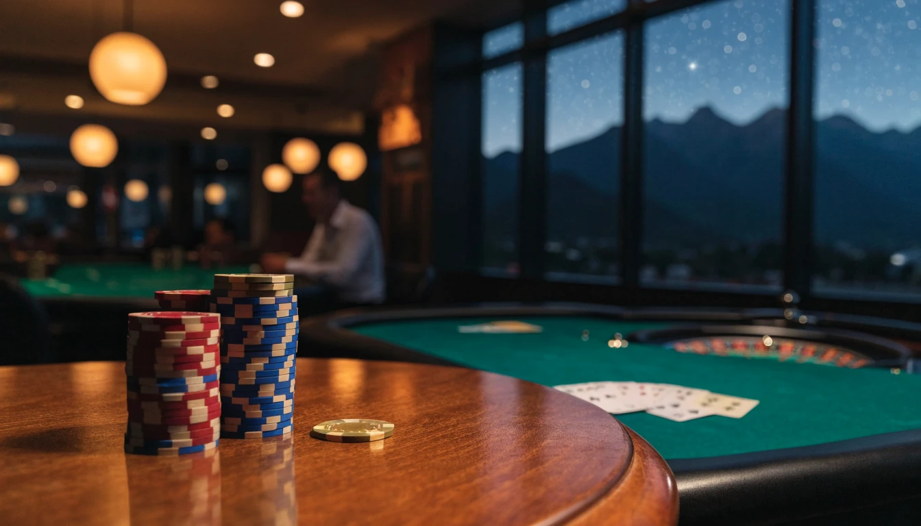 Casino chips on a table with roulette in a luxurious lounge overlooking New Zealand mountains at night.