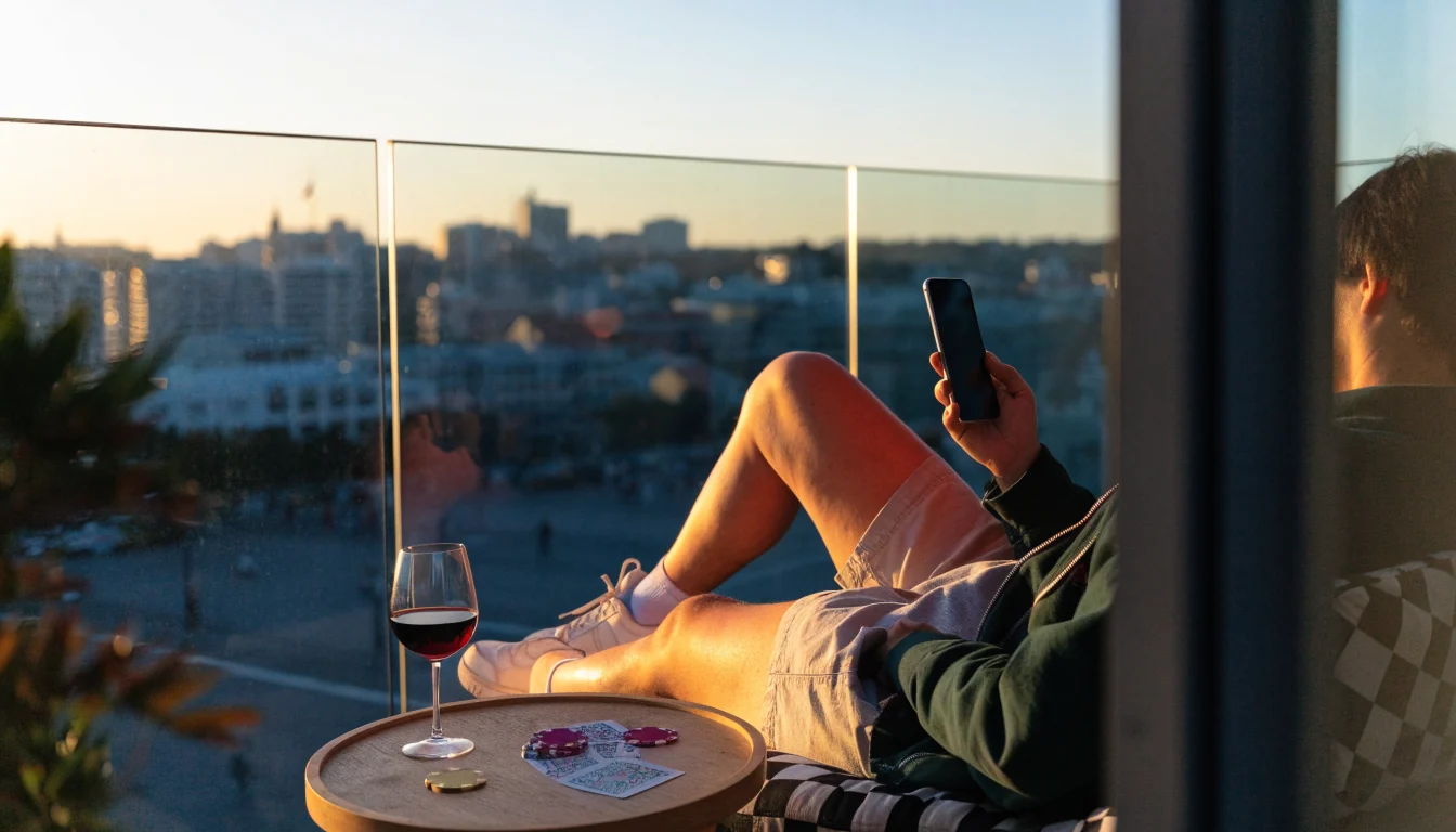 Person on Auckland balcony at sunset with smartphone, casino chips and cards on table