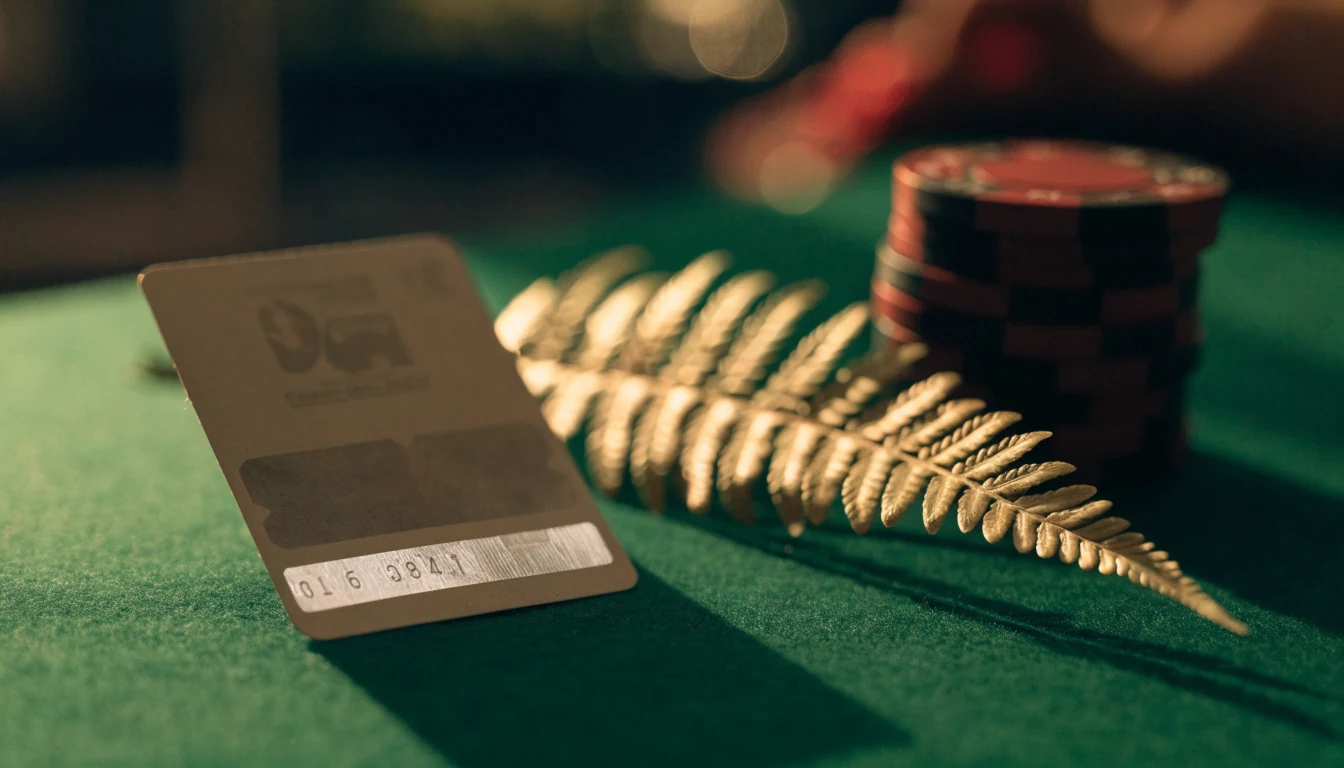 Prepaid voucher card on green felt with silver fern and casino chips