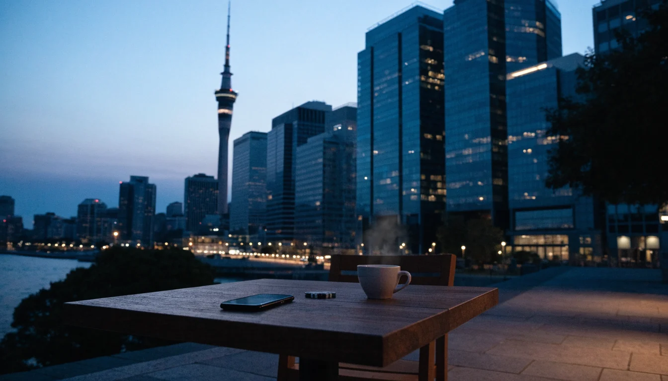 Auckland skyline at twilight with a smartphone on a terrace table