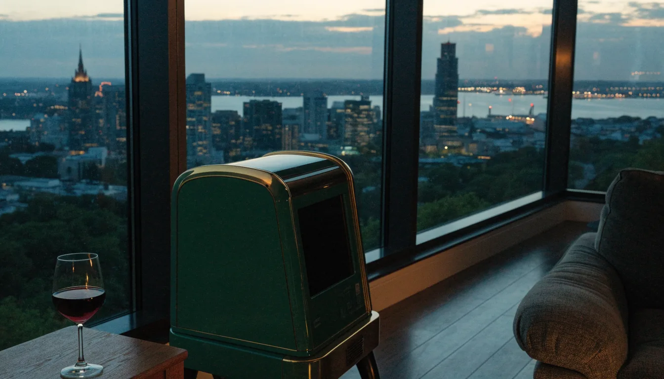 Stylized pokie cabinet in a modern Auckland apartment at dusk