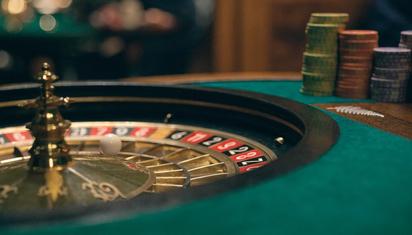 Roulette wheel with casino chips on a green felt table, New Zealand subtle detail.