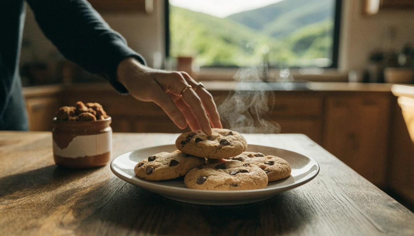 Hand reaching for freshly baked chocolate chip cookies in a bright New Zealand kitchen