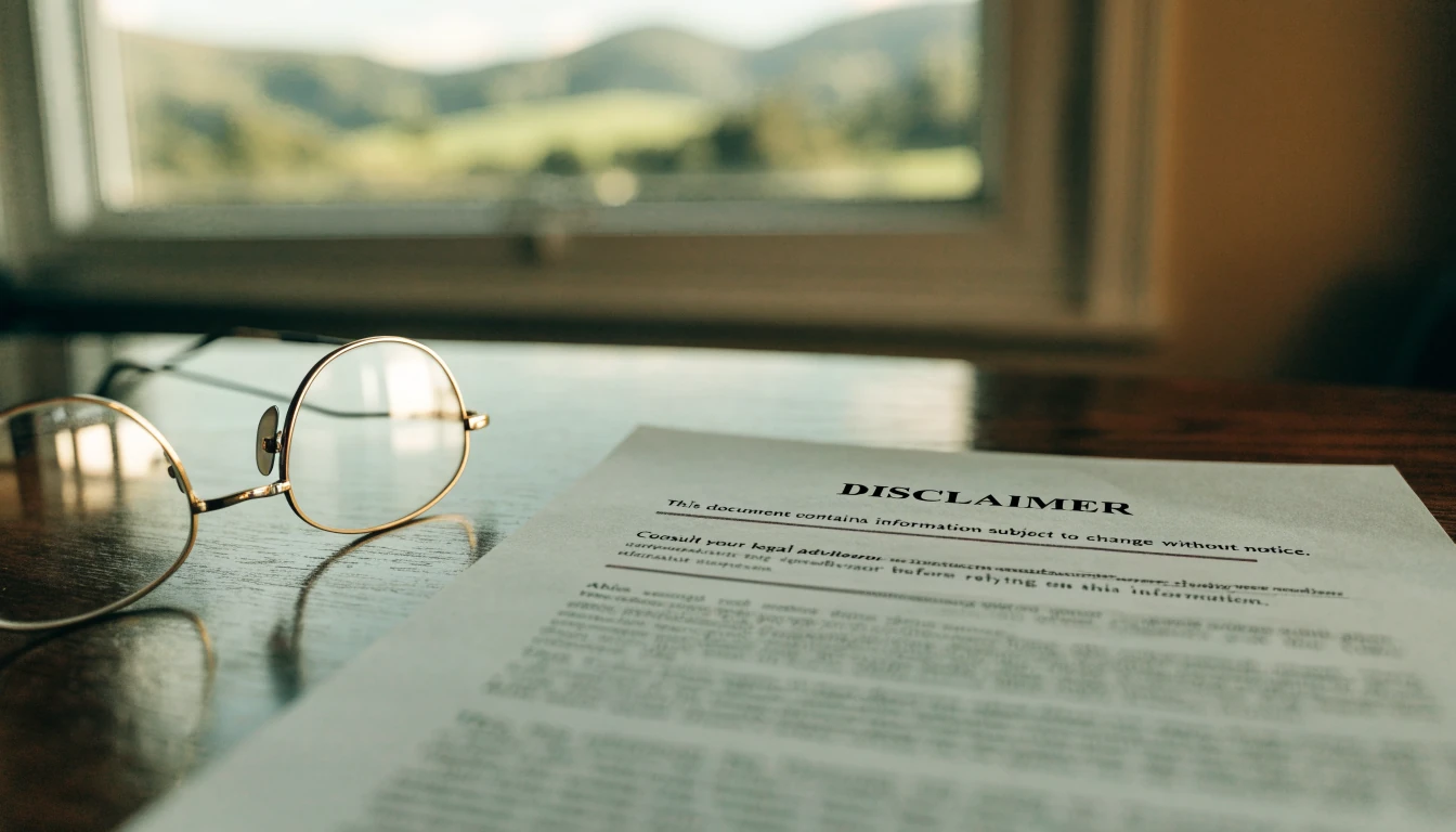 Printed disclaimer document with reading glasses on a wooden desk near a window overlooking New Zealand countryside.