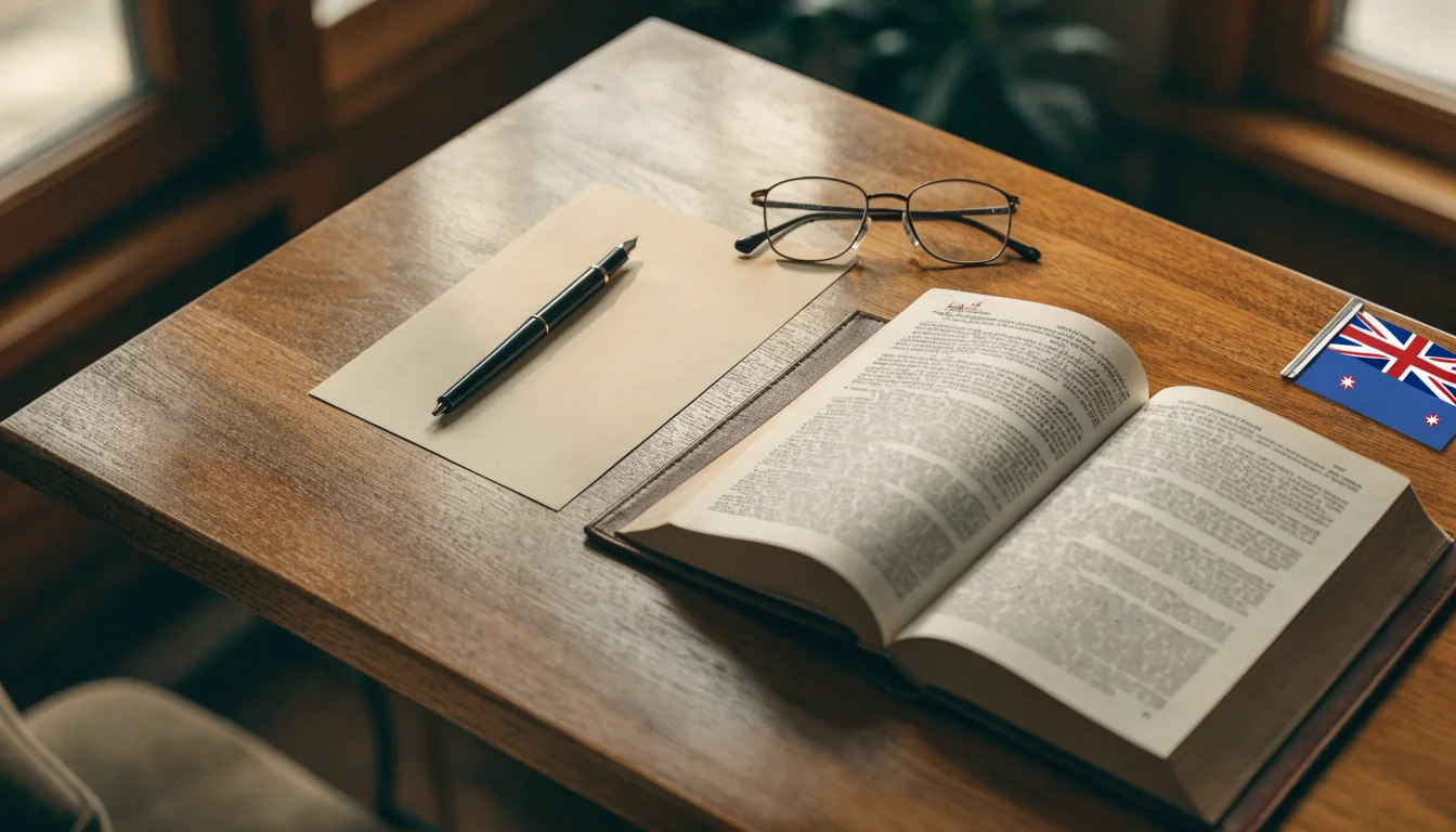 Wooden desk with legal book, glasses, and New Zealand flag pin