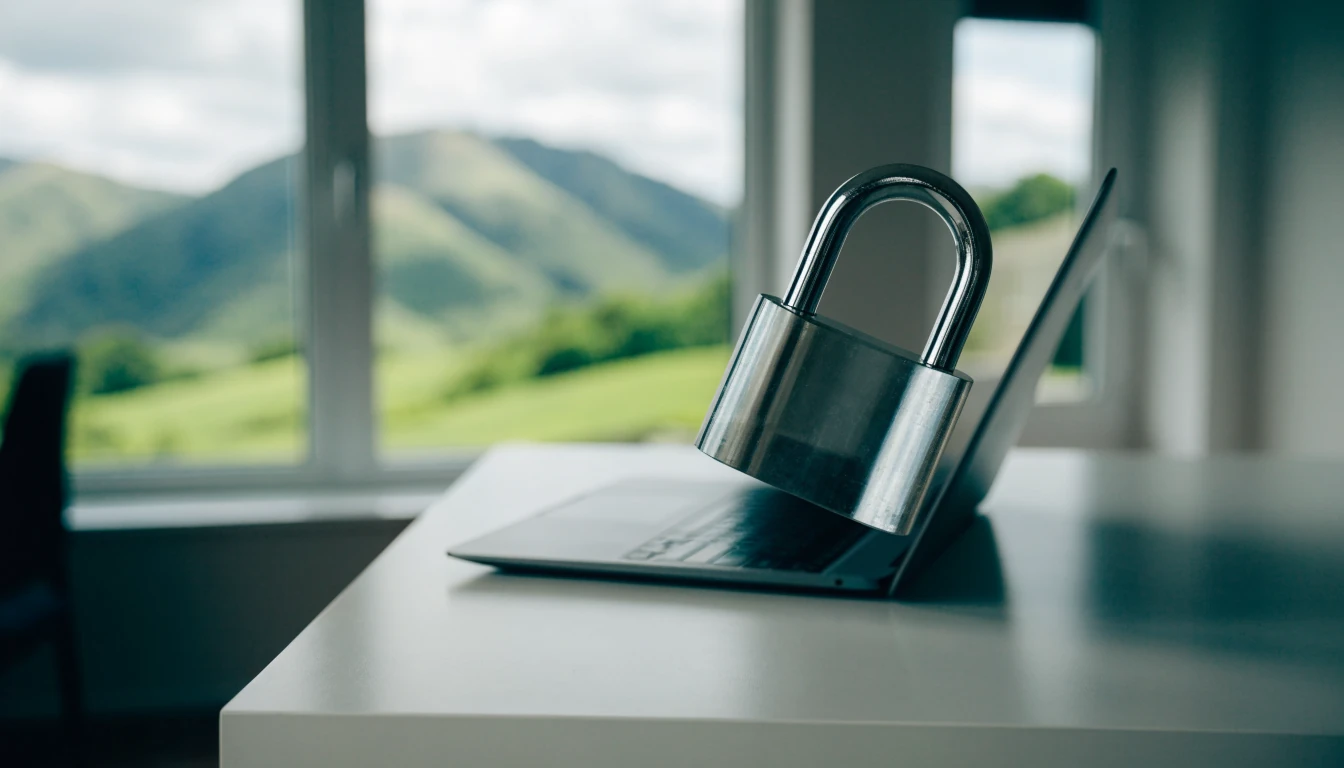 Translucent padlock floating above a laptop on a desk with New Zealand hills in background.