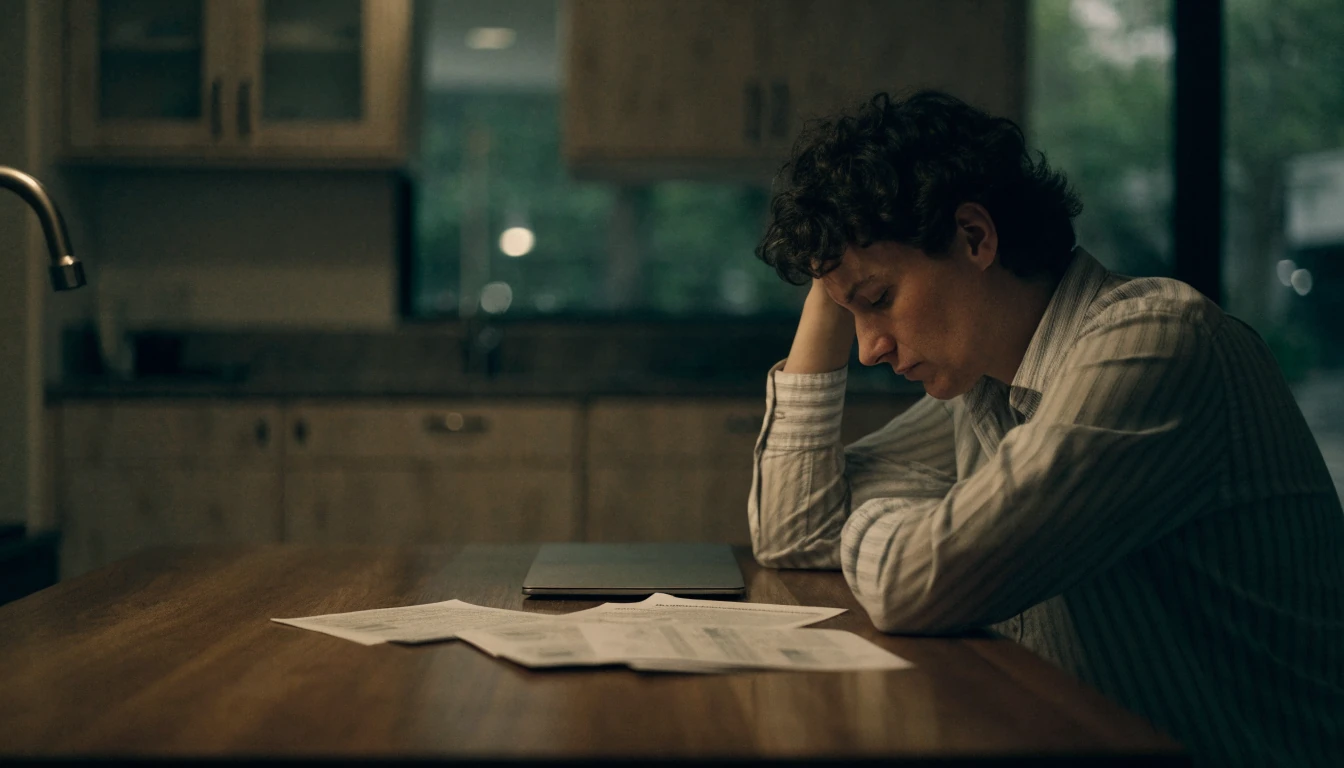 Troubled person at a kitchen table with bills, evening scene