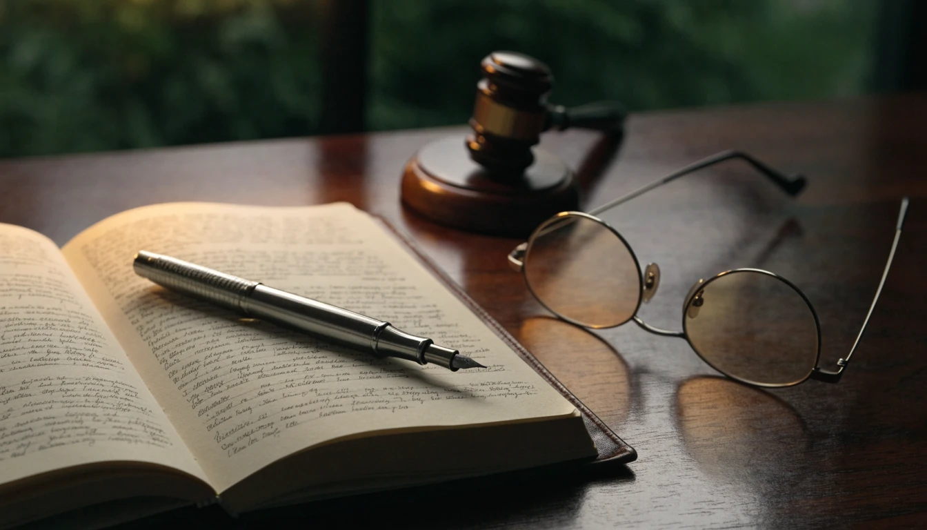 Open notebook with handwritten legal text, pen, glasses, and gavel on a dark desk